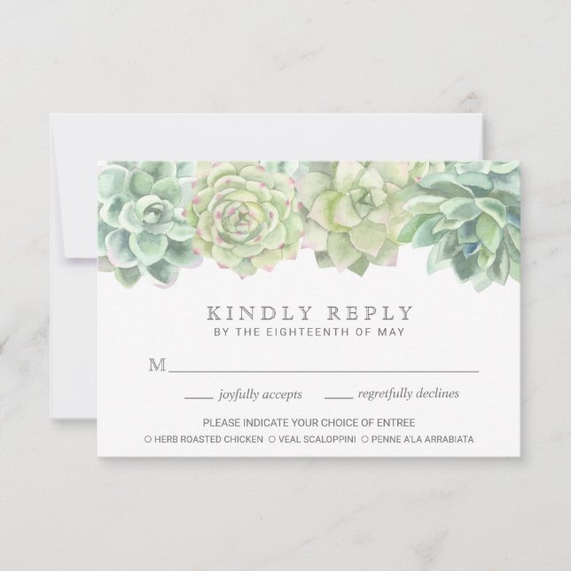 Botanical Green Succulents Meal Choice Wedding RSVP Card (Front)