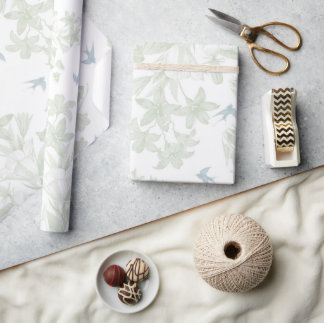 Botanical green vintage elegant floral grey birds wrapping paper