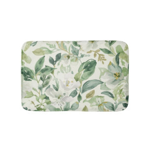 Botanical Green Watercolor Floral Leaves Nature Bath Mat
