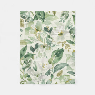Botanical Green Watercolor Floral Leaves Nature  Fleece Blanket