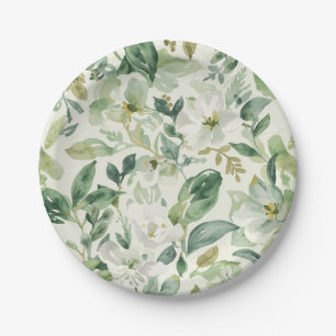 Botanical Green Watercolor Floral Leaves Nature Paper Plate