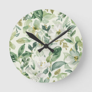 Botanical Green Watercolor Floral Leaves Nature Round Clock