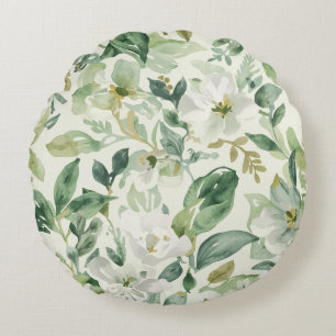 Botanical Green Watercolor Floral Leaves Nature  Round Cushion