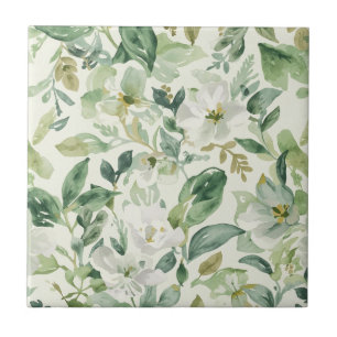 Botanical Green Watercolor Floral Leaves Nature Tile
