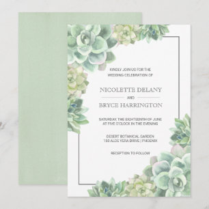 Botanical Green Watercolor Succulent Frame Wedding Invitation