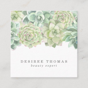 Botanical Green Watercolor Succulents Square Business Card