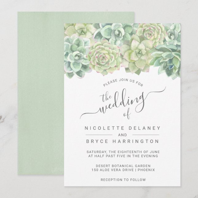 Botanical Green Watercolor Succulents Wedding Invitation (Front/Back)