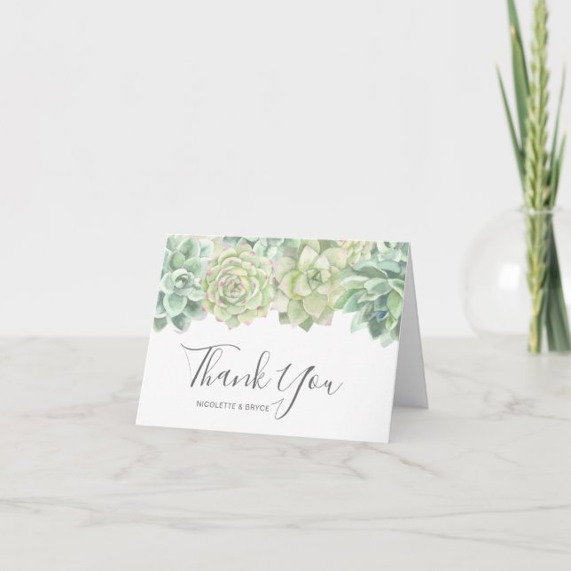 Botanical Green Watercolor Succulents Wedding Thank You Card (Front)