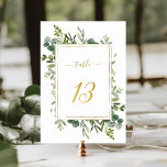 Botanical Green Wedding Gold Glitter Number 13, Table Number<br><div class="desc">Table 13. Please check all available numbers. | This wedding table number features painted watercolor eucalyptus greenery and green leaves with a faux gold glitter rectangular frame,  text,  and number. For more advanced customisation of this design,  please click the BLUE DESIGN TOOL BUTTON above!</div>