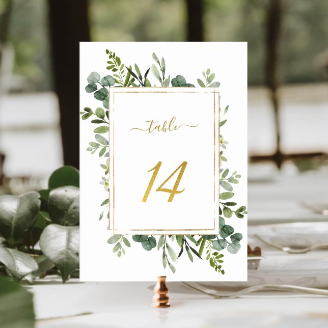 Botanical Green Wedding Gold Glitter Number 14,  Table Number (Creator Uploaded)