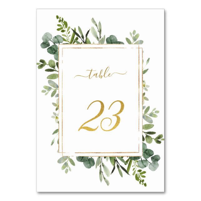 Botanical Green Wedding Gold Glitter Number 23,  Table Number (Front)