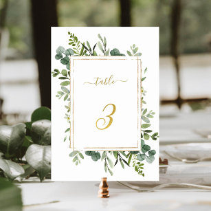 Botanical Green Wedding Gold Glitter Number 3,   Table Number