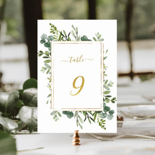 Botanical Green Wedding Gold Glitter Number 9, Table Number