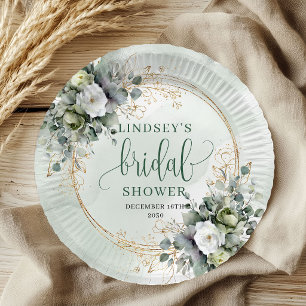 Botanical Green White Bridal Shower Paper Plates
