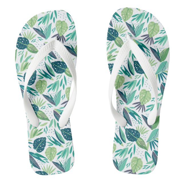 Botanical Green & White Leafs Pattern Flip Flops (Footbed)