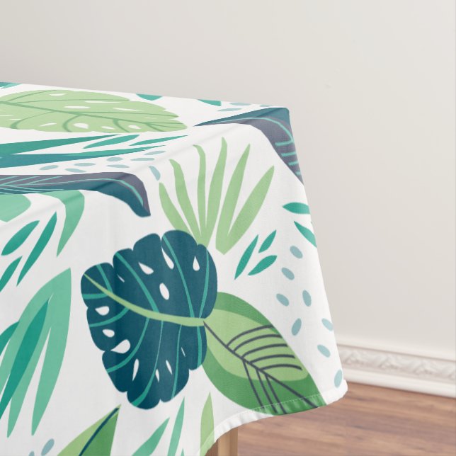 Botanical Green & White Leafs Pattern Tablecloth (In Situ)