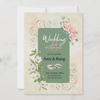 Botanical green white watercolor floral wedding invitation