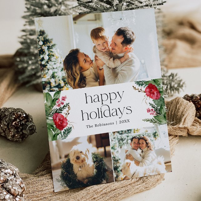 Botanical Greenery 3 Photo Flat Holiday Card (Creator Uploaded)