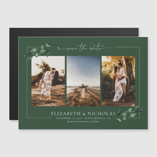 Botanical Greenery | 3 Photo Wedding Save the Date Magnetic Invitation (Front/Back)