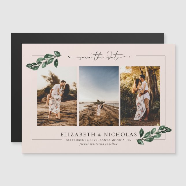 Botanical Greenery | 3 Photo Wedding Save the Date Magnetic Invitation (Front/Back)