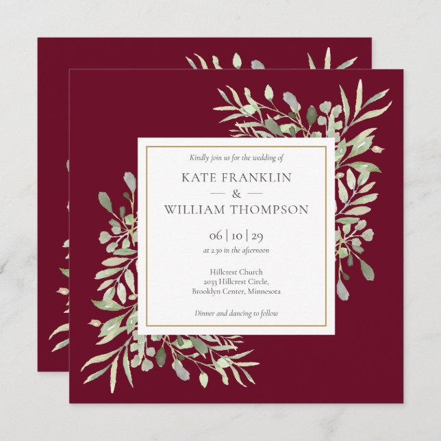 Botanical Greenery All In One Burgundy Wedding Invitation (Front/Back)