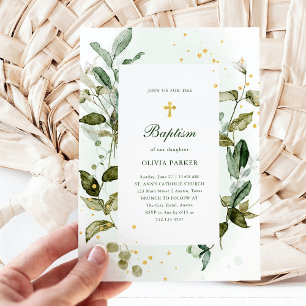 Botanical Greenery and Gold Cross Baptism Invitation