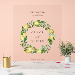 Botanical Greenery and Lemon Wreath Summer Wedding Acrylic Sign
