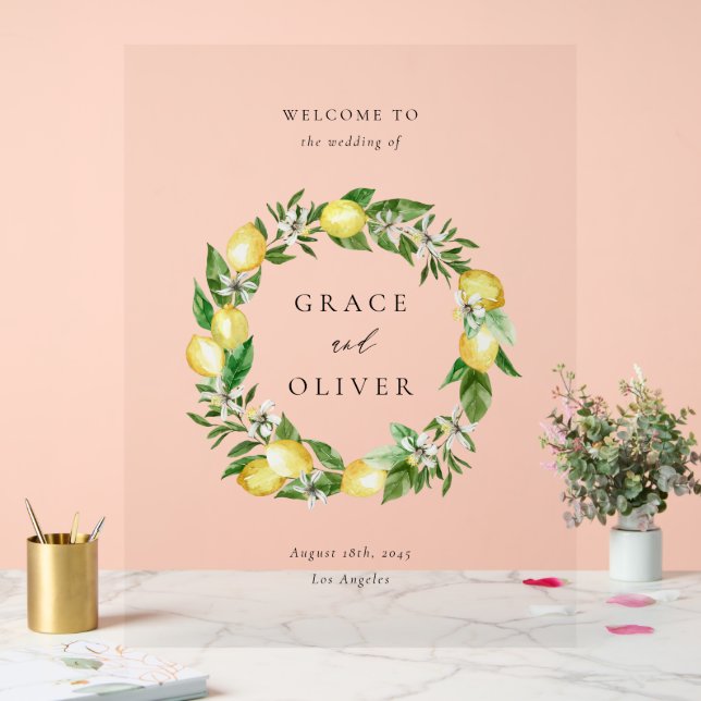 Botanical Greenery and Lemon Wreath Summer Wedding Acrylic Sign (Wedding)