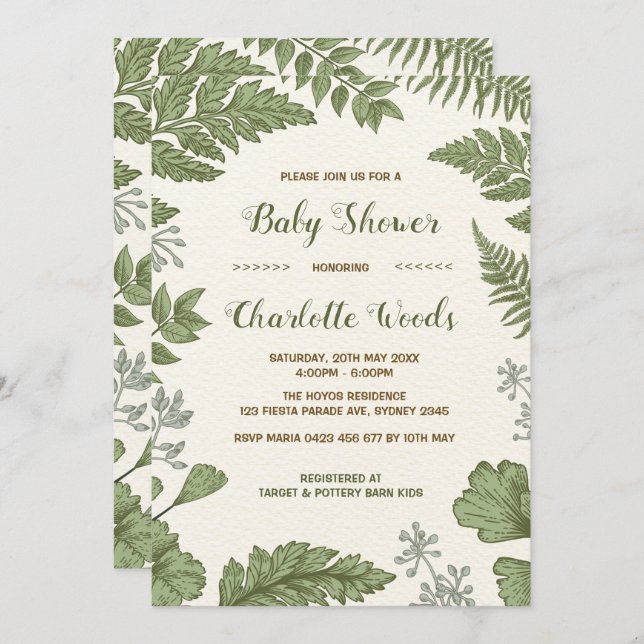 Botanical Greenery Baby Shower Invitation Forest (Front/Back)