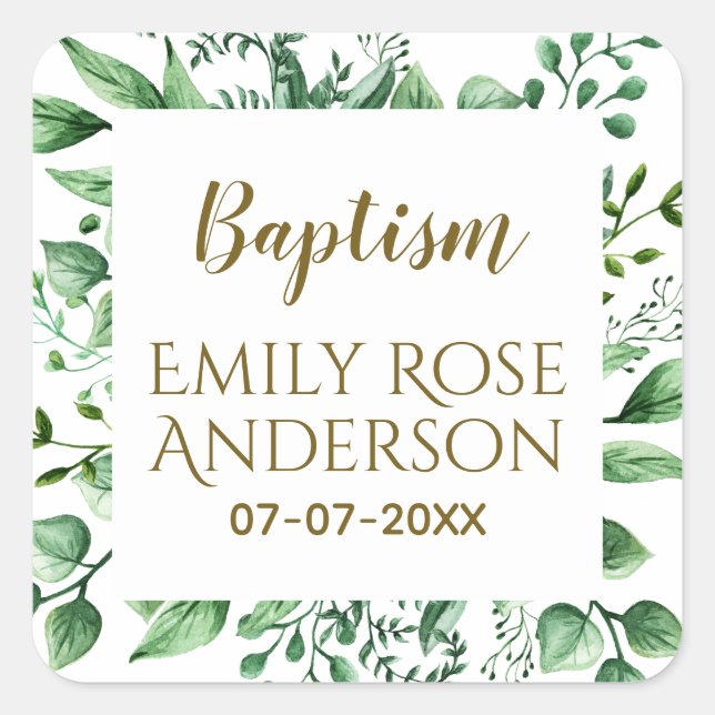 Botanical Greenery Baptism Boy Girl Thank You Square Sticker (Front)