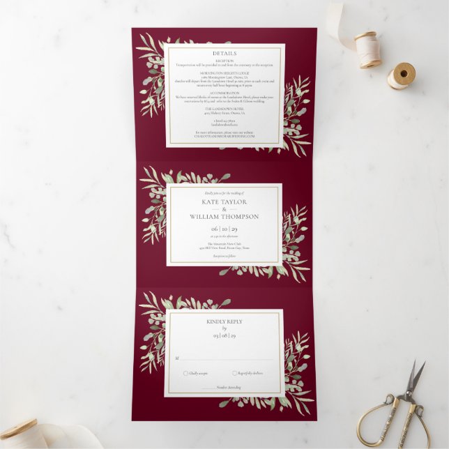 Botanical Greenery Burgundy Photo Wedding Tri-Fold Invitation (Inside)