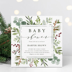 Botanical Greenery Christmas Baby Shower Square Invitation