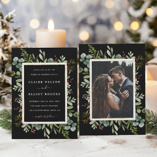 Botanical Greenery Christmas Black Wedding Photo Invitation