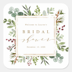 Botanical Greenery Christmas Bridal Shower Square Sticker