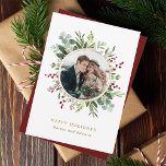 Botanical Greenery Christmas Gold Photo Holiday Card<br><div class="desc">This photo Christmas | Holiday card features painted watercolor eucalyptus,  green leaves,  red berries,  pine branches,  and a faux gold circle frame with optional text on the back. For more advanced customisation of this design,  please click the "customise further" link. Matching items are also available.</div>