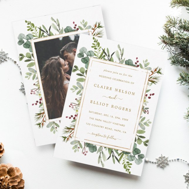Botanical Greenery Christmas Gold Wedding Photo Invitation (Creator Uploaded)
