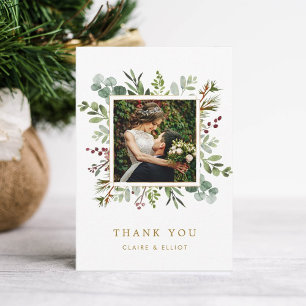 Botanical Greenery Christmas Gold Wedding Photo Thank You Card