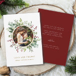 Botanical Greenery Christmas Gold Wedding Photo Thank You Card<br><div class="desc">This photo thank you card features painted watercolor eucalyptus,  green leaves,  red berries,  pine branches,  and a faux gold circle frame with optional text on the back. For more advanced customisation of this design,  please click the "customise further" link. Matching items are also available.</div>