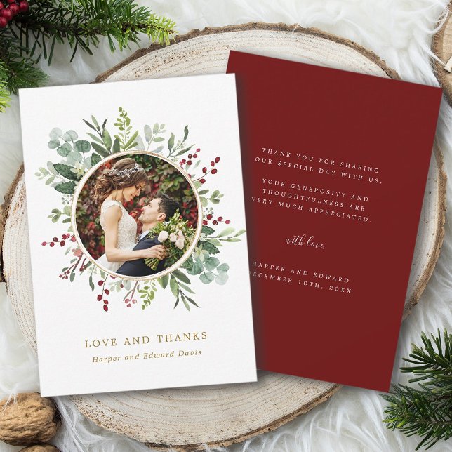Botanical Greenery Christmas Gold Wedding Photo Thank You Card (Front & Back)