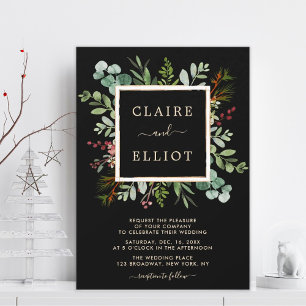 Botanical Greenery Christmas Holiday Black Wedding Invitation