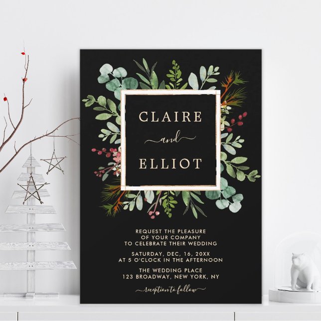 Botanical Greenery Christmas Holiday Black Wedding Invitation (Creator Uploaded)
