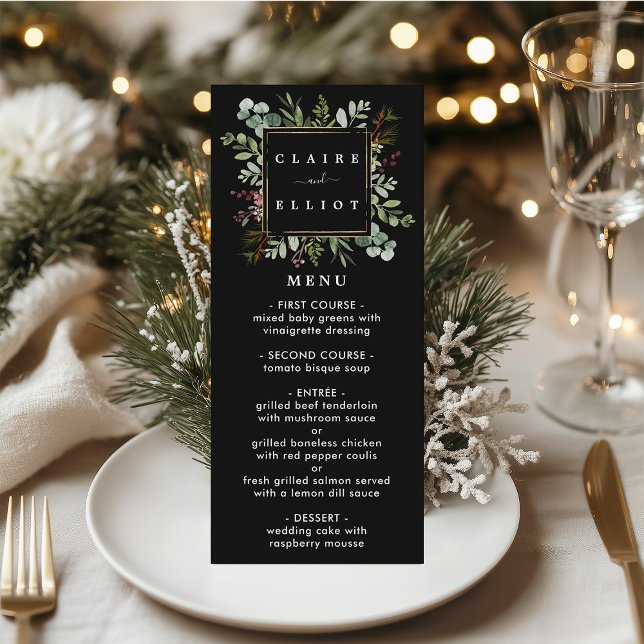 Botanical Greenery Christmas Holiday Black Wedding Menu (Creator Uploaded)