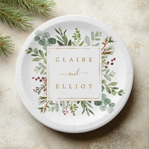 Botanical Greenery Christmas Holiday Gold Wedding Paper Plate