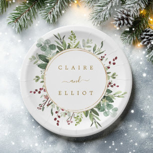 Botanical Greenery Christmas Holiday Gold Wedding Paper Plate