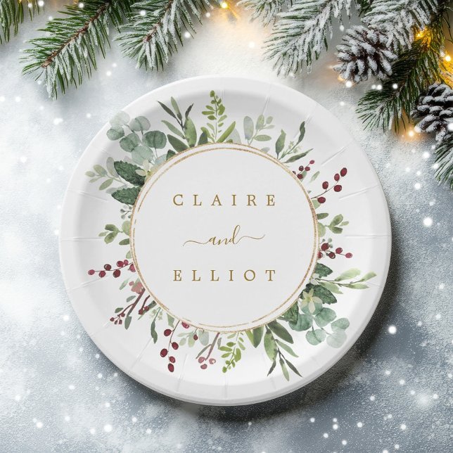 Botanical Greenery Christmas Holiday Gold Wedding  Paper Plate (Creator Uploaded)