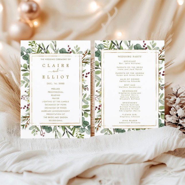 Botanical Greenery Christmas Holiday Gold Wedding  Programme (Front & Back)