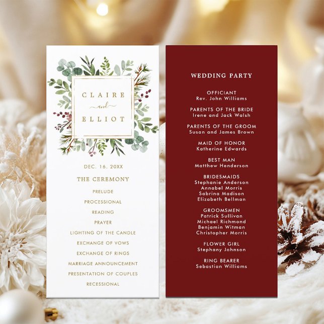 Botanical Greenery Christmas Holiday Gold Wedding Programme (Front & Back)
