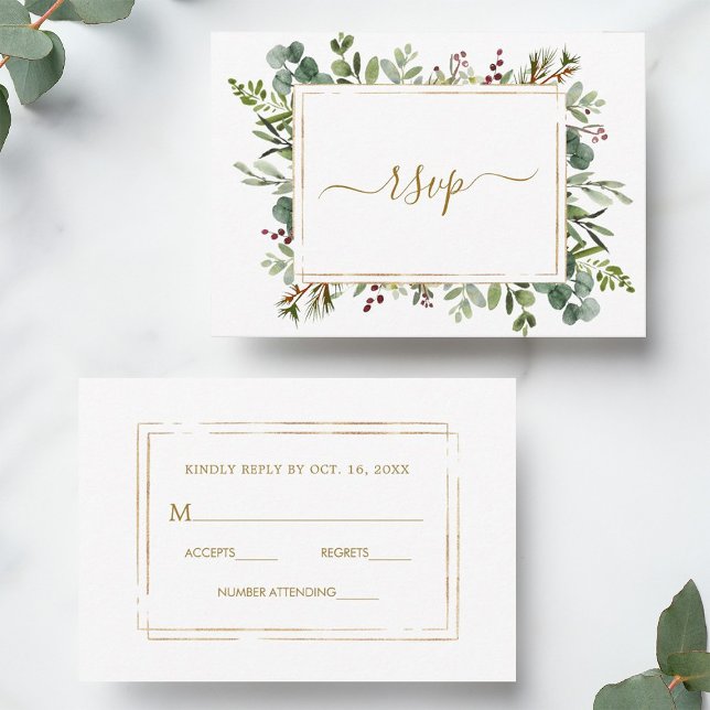 Botanical Greenery Christmas Holiday Gold Wedding  RSVP Card (Front & Back)