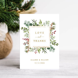 Botanical Greenery Christmas Holiday Gold Wedding Thank You Card