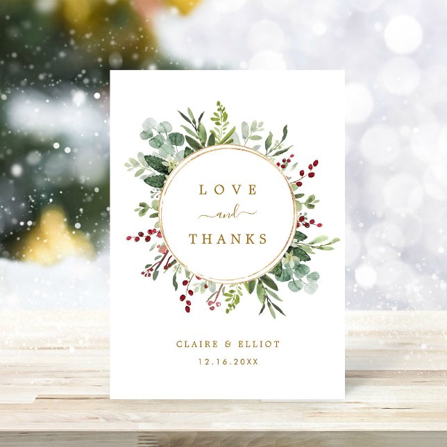 Botanical Greenery Christmas Holiday Gold Wedding  Thank You Card (Creator Uploaded)
